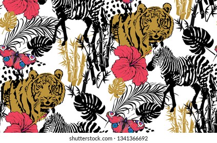 Pattern of zebra and tiger. Suitable for fabric, wrapping paper and the like. Vector illustration