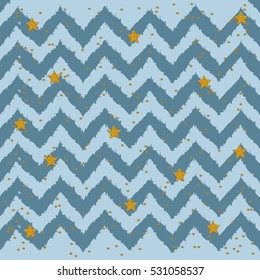 Pattern of zigzags. Beautiful background with geometric shapes and golden stars for greeting cards Happy New Year and Merry Christmas. Vector illustration