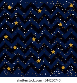Pattern of zigzags. Beautiful background with geometric shapes and golden stars for greeting cards Happy New Year and Merry Christmas. Vector illustration