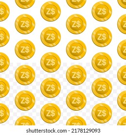 Patrón de la moneda del dólar de Zimbabue sobre fondo transparente con mini doodle (iconos) y color dorado. Ilustración vectorial