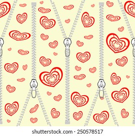 Pattern with zippers and red hearts