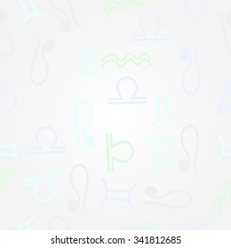 Pattern  of zodiac  motifs, doodles, objects, Gemini , Aquarius, Libra, Lion signs. Hand drawn.
