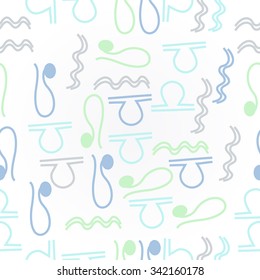 Pattern  of zodiac  motifs, doodles, objects, Aquarius, Libra, Lion signs. Hand drawn.