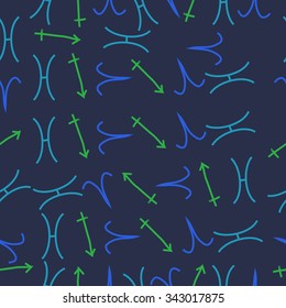 Pattern  of zodiac  motifs, doodles, objects, Aries,Sagittarius,Pisces signs. Hand drawn.