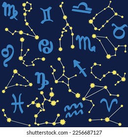 Pattern with zodiac signs. Constellations on the background of the night sky. Aries, Taurus, Gemini, Cancer, Leo, Virgo, Libra, Scorpio, Sagittarius, Capricorn, Aquarius, Pisces. Line symbols in space
