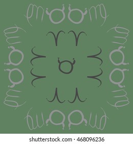 Pattern of zodiac signs, doodles,  object, taurus,aries, virgo. Hand drawn.