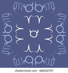 Pattern of zodiac signs, doodles,  object, taurus,aries, virgo. Hand drawn.