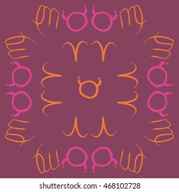 Pattern of zodiac signs, doodles,  object, taurus,aries, virgo. Hand drawn.