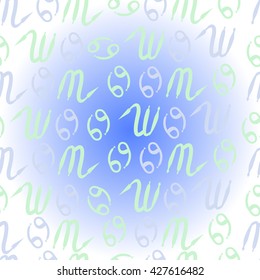 Pattern  of zodiac signs, doodles, object,cancer,scorpio. Hand drawn.