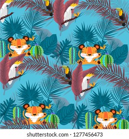 Pattern with zoo animal, tiger and parrot. Jungle background. Vector illustration