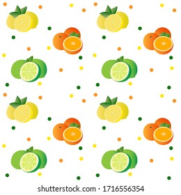 Pattern.Citrus collection. Set of fresh fruit in flat design. Lime, orange and lemon, isolated on white background. Vector illustration.