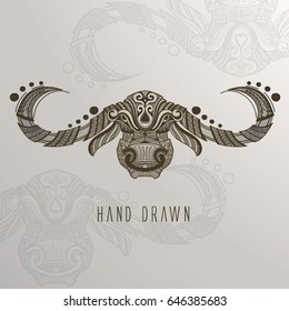Patterne Buffalo head on background. Tattoo design. It may be used for design of a t-shirt, bag, postcard, a poster and so on.