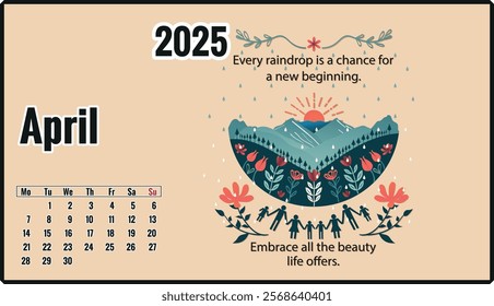 patterned 2025 April calendar with motivational phrase