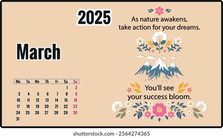 patterned 2025 march calendar with motivational phrase