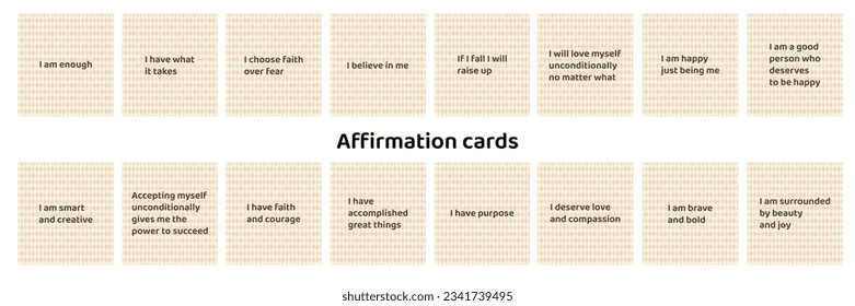 Patterned affirmation cards. Positive quotes, phrases, sayings.  Self-care positive and motivational cards for mental health. Emotional well-being. Abstract vector illustration.