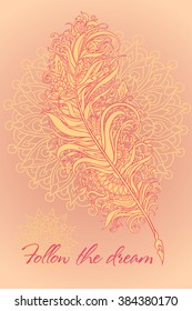 Patterned amazing feather with ornaments and mandalas
