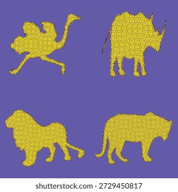 Gemusterte Tiersilhouetten auf violettem Hintergrund - Kamel, Rhino, Löwe, Tiger im lebendigen geometrischen Stil für Pop Art und Merch