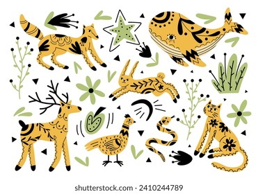 Animales estampados. Ornamentos florales en criaturas forestales, estilo folclórico escandinavo, fauna de los bosques noruegos, liebre, ciervo y serpiente, conjunto de vectores.eps
