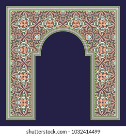 Patterned arched frame in oriental traditional style. Colorful arch for greeting card design.