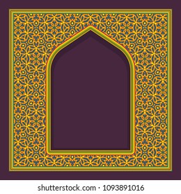 Patterned arched window frame in oriental traditional style. Colorful ornament for greeting card design.