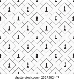 Patterned arrangement of various chess piece silhouettes on a white background