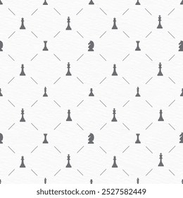 Patterned arrangement of various chess piece silhouettes on a white background