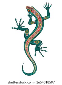 Patterned, artistic bright lizard painted in green and red on white background. Tattoo style.
