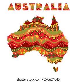 Patterned Australia continent with art title. Map element with bright aboriginal ornament at abstract continent silhouette and word. Multicolored capital letters. Vector file is EPS8.