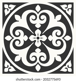 Patterned azulejo floor tiles. Abstract geometric background. Vector illustration, seamless mediterranean pattern. Portuguese floor cement tiles design. Black and white tiles stensil