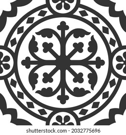 Baldosas en el suelo con azulejos estampados. Fondo geométrico abstracto. Ilustración vectorial, patrón mediterráneo sin fisuras. Diseño de baldosas de cemento en el suelo portugués. Stensil de baldosas negras y blancas