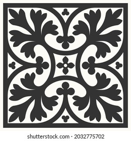 Patterned azulejo floor tiles. Abstract geometric background. Vector illustration, seamless mediterranean pattern. Portuguese floor cement tiles design. Black and white tiles stensil