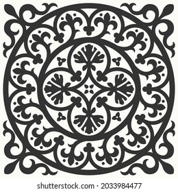 Patterned azulejo floor tiles. Abstract geometric background. Vector illustration, seamless mediterranean pattern. Portuguese floor cement tiles design. Black and white tiles stensil