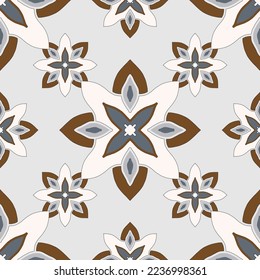 Baldosas en el suelo con azulejos estampados. Fondo geométrico abstracto. Ilustración vectorial, patrón mediterráneo sin fisuras. Diseño de baldosas de cemento en el suelo portugués. Stensil de tejas coloreadas