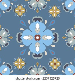 Patterned azulejo floor tiles. Abstract geometric background. Vector illustration, seamless mediterranean pattern. Portuguese floor cement tiles design. Colored tiles stensil