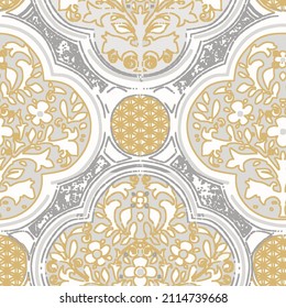 Patterned azulejo floral damask floor tiles seamless . Abstract geometric background. Vector illustration,  mediterranean pattern. Portuguese floor tiles azulejo design. Floor cement talavera tiles