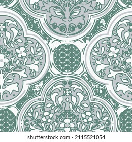 Patterned azulejo floral damask floor tiles seamless . Abstract geometric background. Vector illustration,  mediterranean pattern. Portuguese floor tiles azulejo design. Floor cement talavera tiles