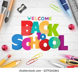 Patterned Back to School Colorful Text with Different School Supplies in White Wooden Background Banner. Vector Illustration
