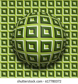 Patterned ball rolling along the same surface. Abstract vector optical illusion illustration. Motion background and tile of seamless wallpaper.