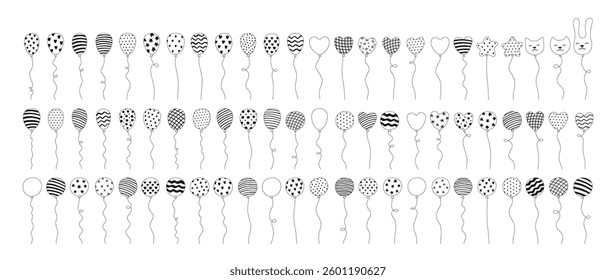 Patterned Balloons black white set illustration. Various shaped star cat heart round and patterns striped polka dots balloons. Every single balloon isolated. Design perfect for party decoration vector
