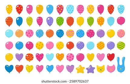 Patterned Balloons set illustration. Various shaped and patterns colorful balloons. Cartoon design perfect for party. Birthday celebration, festivities decorations, children card celebrate vector art