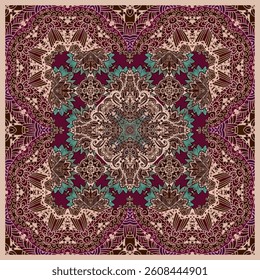 Patterned bandana with an ornamental frame and a medallion in the center in burgundy, emerald, beige, wine and brown tones. Square print for a napkin, pillow, bedspread, tablecloth, shawl, carpet. 