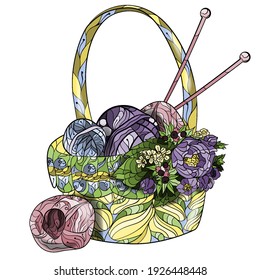 Patterned basket for needlework decorated with a bouquet of flowers, drawn in the style of tangles and doodles. Ball of yarn and knitting needles with decorative ornament