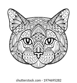 Patterned black, white cat, kitten head. Abstract ethnic monochrome cat face in ornamental style. Logo. Head leopard, lion, cheetah. Drawn by hand. Cartoon style vector illustration. Doodle, Zentangle