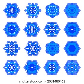 Patterned blue hexagons, six-pointed stars, snowflakes isolated on white background. Set of graphic design elements for business, print products, holidays. Vector illustration.