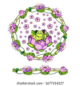 patterned brush, frog sitting on the buds of lotuses in circle of boxes/leaves/flowers of lotuses and cherry blossom