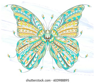 Patterned butterfly on the grunge background. Ornate moth. Papillon. Tattoo design. It may be used for design of a t-shirt, bag, postcard, a poster and so on.  