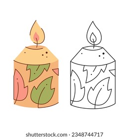 Patterned candle. Black and white and color clipart vector illustration.
