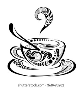 Patterned cap of coffee. Batik/African / Indian / totem / tattoo design. It may be used for design of a t-shirt, bag, postcard and menu.
