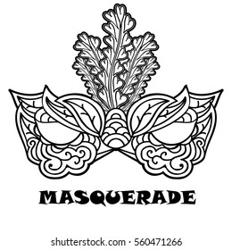 Patterned carnival mask with feathers isolated on white. Monochrome black zentangle pattern. Vector illustration