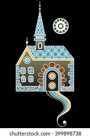 Patterned castle (palace) in floral style. Suitable for invitation, flyer, sticker, poster, banner, card,label, cover, web. Vector illustration.